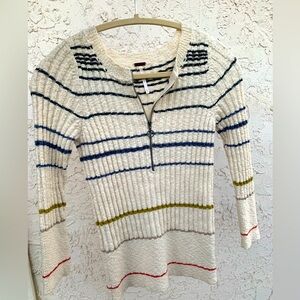 Free People “Rossi” Striped Rib Knit 3/4 Sleeve Henley Sweater Zip Up Top Sz S